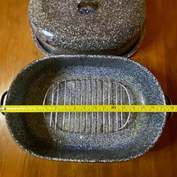Vintage Blue Speckled Enamel Oval Roaster XL Pan Lid Rack Farmhouse Country - Picture 4 of 6